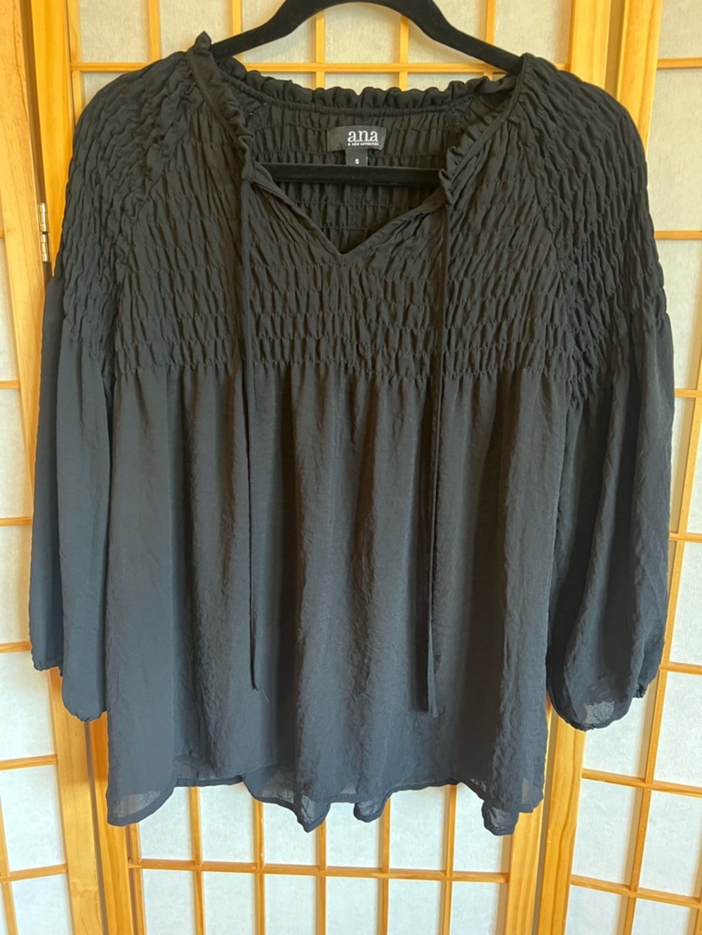 a.n.a Black Smocked Peasant Blouse Small Boho Sheer Sleeve Top